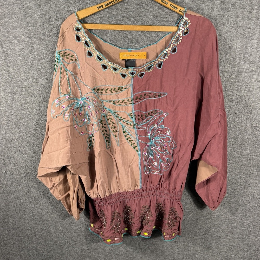 Urban Mango Women's Brown Embellished Boho Blouse Too Size M Festival Sequins